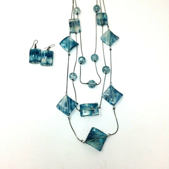 Geometric Blue Glass Three Strand Necklace Set - Picture 1 of 9